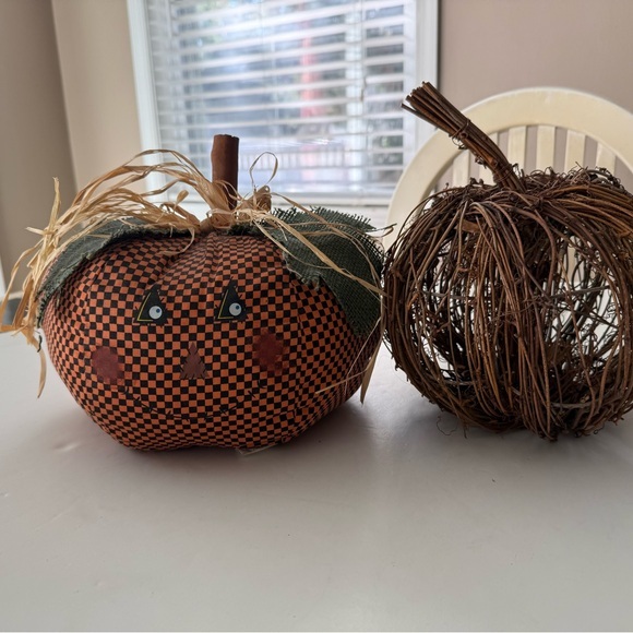 Other - DECORATIVE SET OF TWO RUSTIC PUMPKINS, CHECKERED FABRIC STUFFED & TWIG PUMPKINS